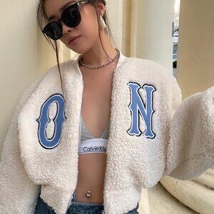 Cropped Sherpa Teddy Varsity Bomber Jacket